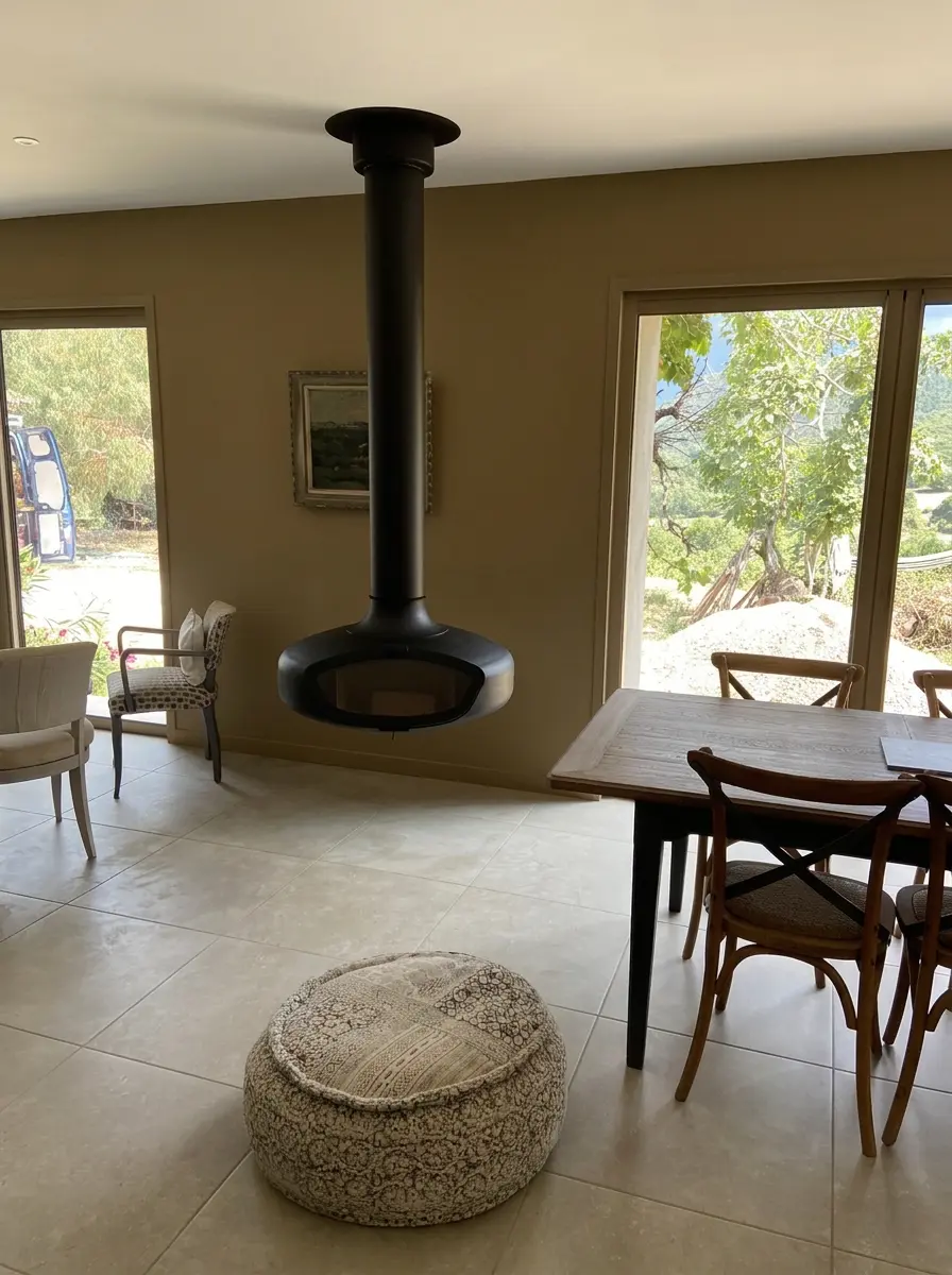 Poêle à bois pivotant installation Mosset, vision feu orientable, chantier Vesta Argelès Pyrénées-Orientales