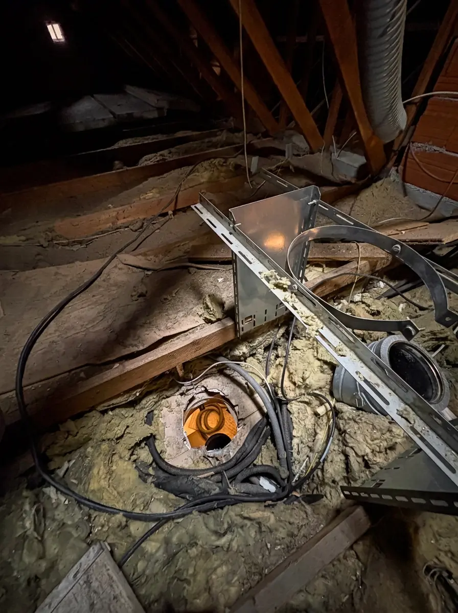 Emplacement non conforme du conduit de fumée avec câbles électriques trop proches, poêle à bois Argelès-sur-Mer