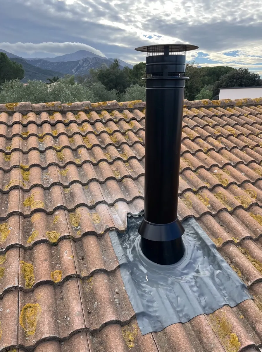 Conduit de fumée Poujoulat raccordé au poêle à bois Morsø 6140 à Junas, chantier Vesta Argelès